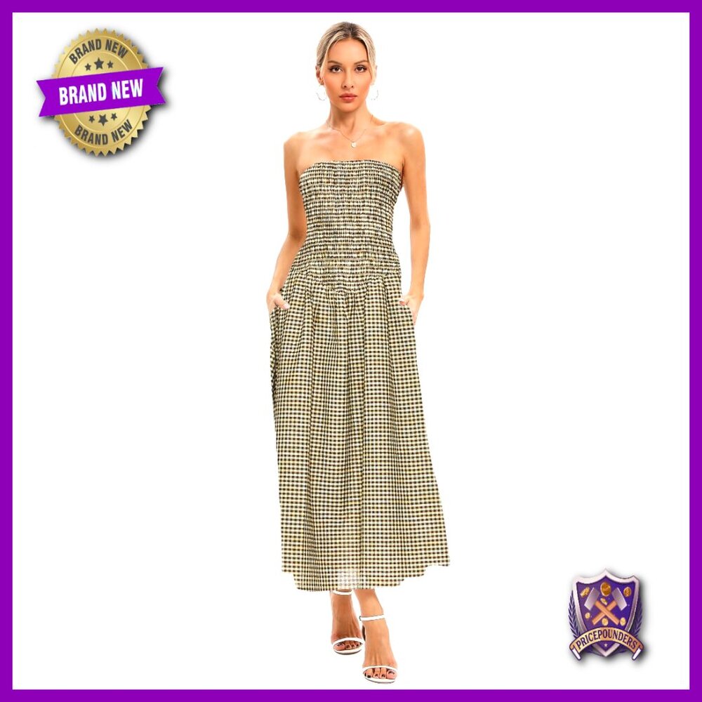 Strapless Tube Maxi Dress Flowy Swing Boho Beach Sundress with Pockets